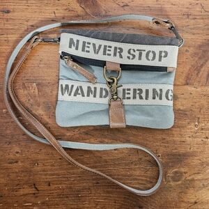Mona B Canvas Crossbody Bag "Never Stop Wandering" Light Blue And Grey